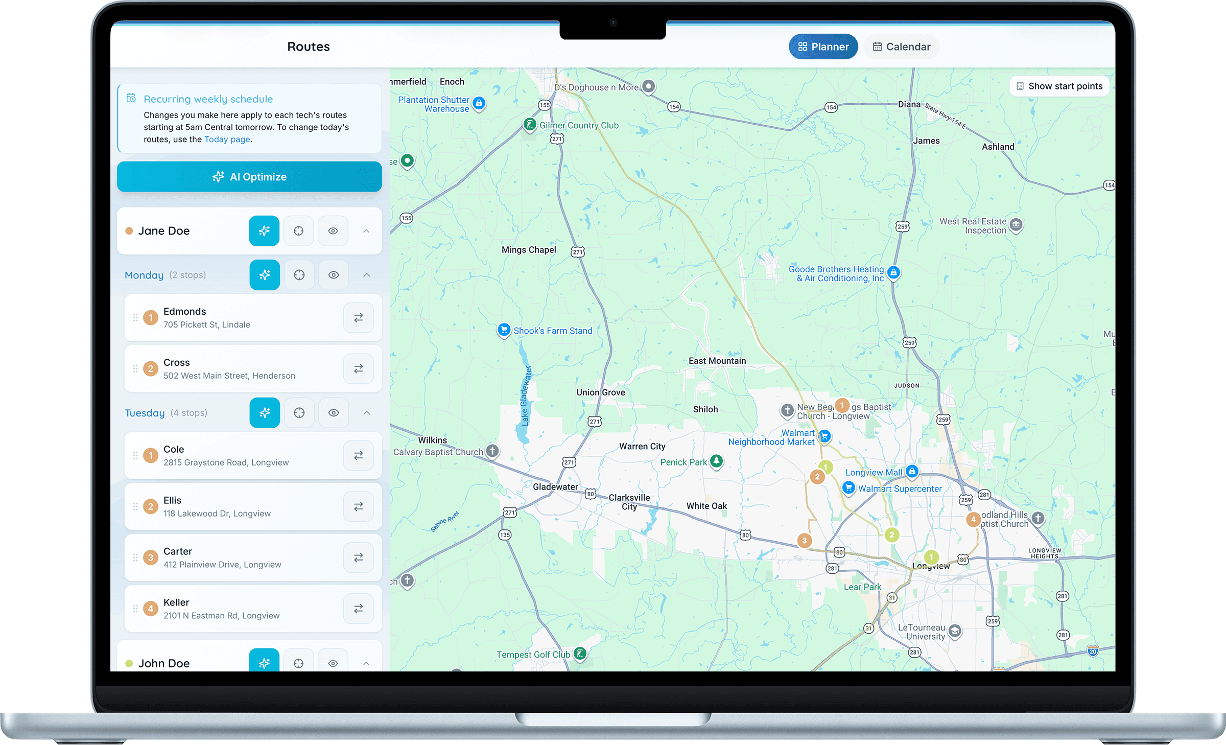 PoolHelm Planner — week view with AI-assigned routes, drag-to-adjust, and a live map preview of the day